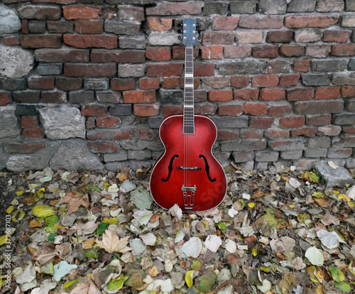 Red guitar on red wall © Srdjan