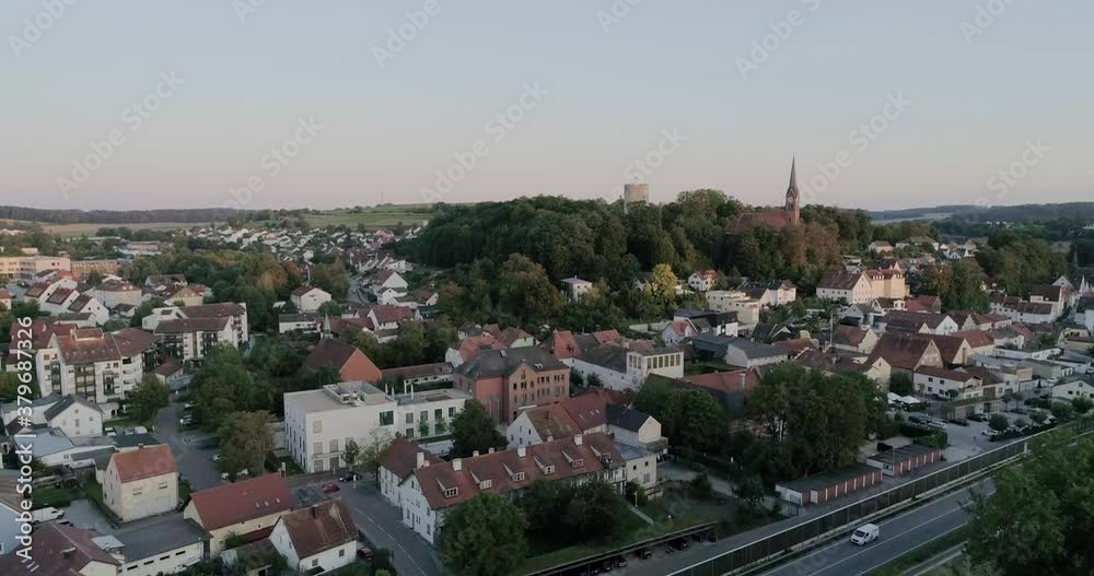 Aerial drone shot above river with view to landmarks Aerial drone shot above river with view to landmarks