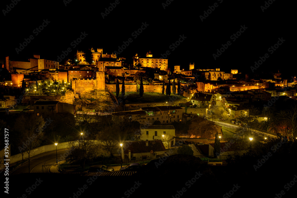 City landscape of the monumental city of Cáceres at night, UNESCO World Heritage City, Extremadura, Spain