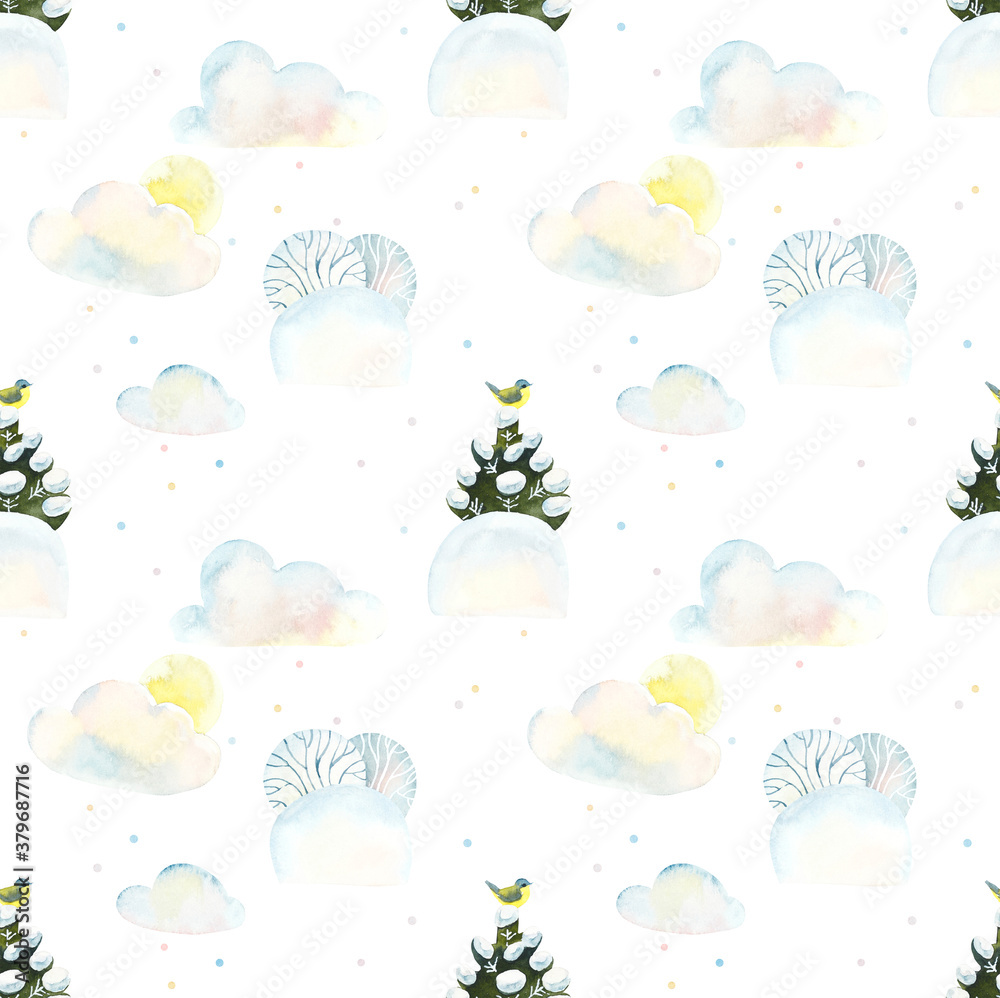 Snowy meadow. Forest is under the snow. Fun and bright winter. Seamless pattern. Watercolor hand drawn illustration