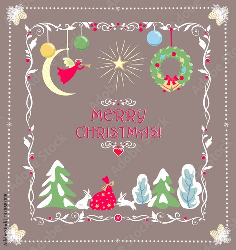 Handmade Xmas pastel greeting childish applique with hanging crescent, angel, wreath with baubles, Christmas star, landscape with snowy tree, gift and funny little hare