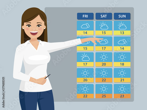Weatherwoman smiling in a weather presentation. Vector illustration