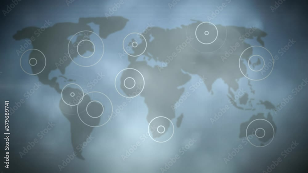 Multiple pulsating circles on world map against blue background Multiple pulsating circles on world map against blue background