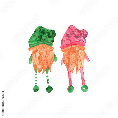 Two watercolor gnomes Christmas, New Year holiday illustration isolated object on white background. For the design of cards, parties and invitations. Poster and decor