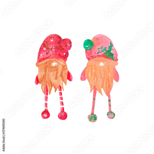 Two watercolor gnomes Christmas, New Year holiday illustration isolated object on white background. For the design of cards, parties and invitations. Poster and decor