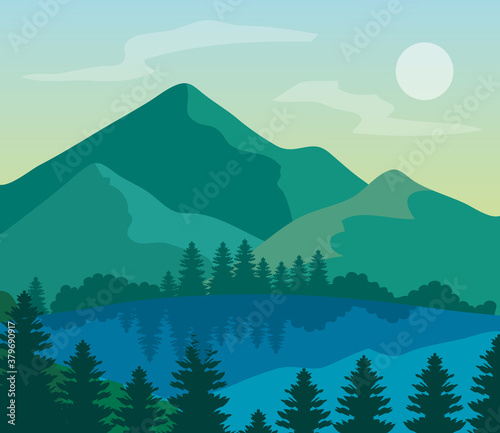 landscape nature and lake, pine trees with mountains vector illustration design