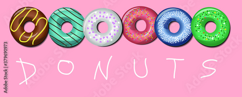 Collection of vector glazed sweet colored donuts. Baking snack cake breakfast donut food baking sugar chocolate delicious on pink 