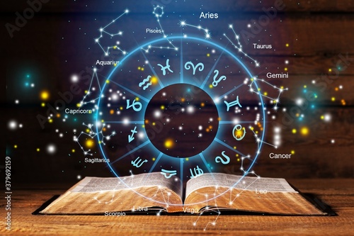 Horoscope astrology zodiac illustration with old book photo