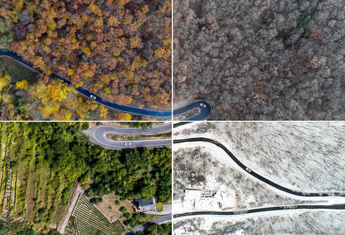 Seasons Concept summer winter fall spring Aerial view Winding road serpentine mountain pass village Brodenbach Germany photo