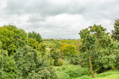 City view from Kolomenskoye park on a cloudy day. Moscow, Russia