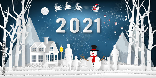 Paper art, cut and digital craft style of santa Claus on Sleigh and Reindeer with family party in the merry christmas night as happy new year 2021 and x'mas day concept. vector illustration.
