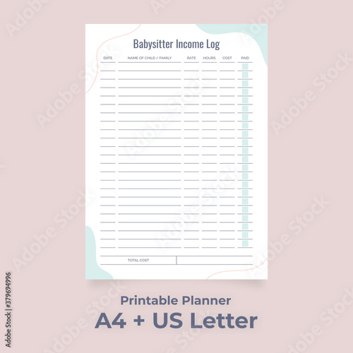 Minimalist Babysitter Income Log Printable Sheet, Job List for Child Care Providers,
Custom planner pages template vector paper A4 and US Letter Ai, EPS 10