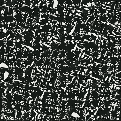 Vector seamless pattern with illegible handwritten text. Black and white repeatable background in retro style. Lorem Ipsum. Suitable for Wallpaper, wrapping paper, fabric, textile
