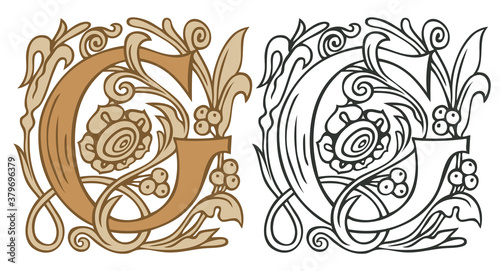 Initial letter G with vintage Baroque decorations. Two vector uppercase letters G in beige and black-white colors. Beautiful filigree capital letter to use for monogram, logo, emblem, card, invitation