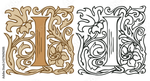 Initial letter I with vintage Baroque decorations. Two vector uppercase letters I in beige and black-white colors. Beautiful filigree capital letter to use for monogram, logo, emblem, card, invitation