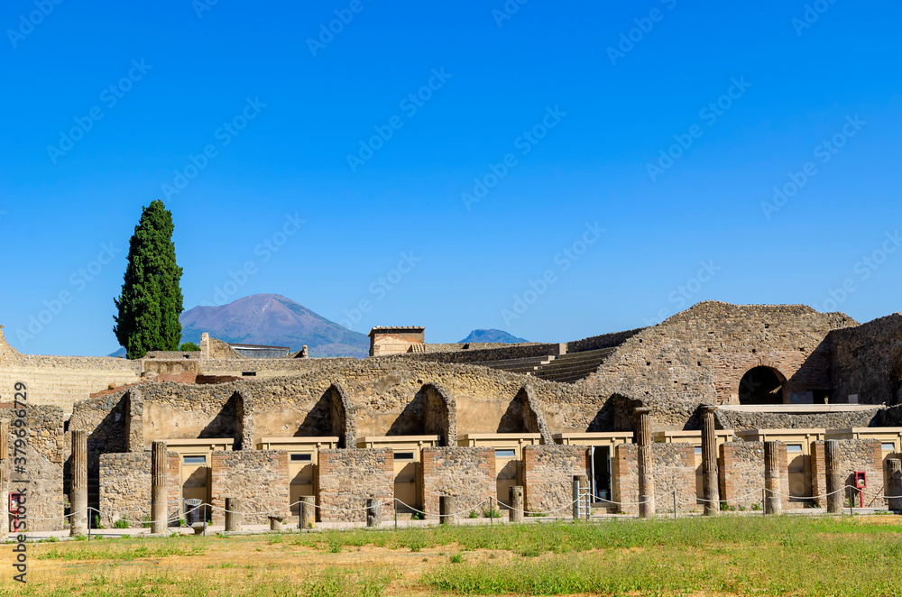 View of pompeii with vesuvius in the background