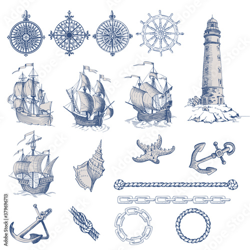 Set of decorative elements for menu design in a marine style. Old ship, lighthouse, wheel, compass meter, frames for inscriptions.