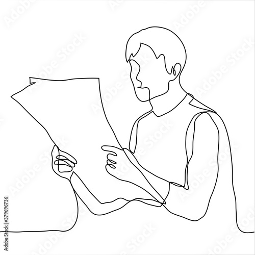 man sits and reads a paper newspaper (news). one continuous line drawing of a man holding a newspaper in front of him reading it