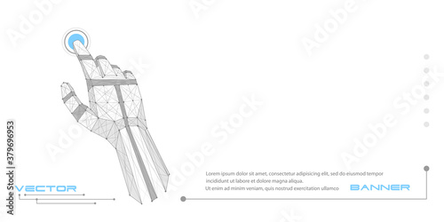 Polygonal robot arm .Mechanical hand presses a virtual button.Artificial intelligence of the future.Vector illustration.