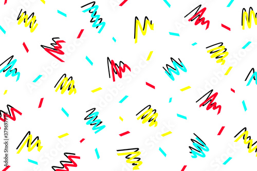 Memphis seamless pattern background, pop art style abstract vector design. Trendy hipster 90's style creative patterns, abstract pink, blue and yellow color icons poster, wallpaper, brochure or banner
