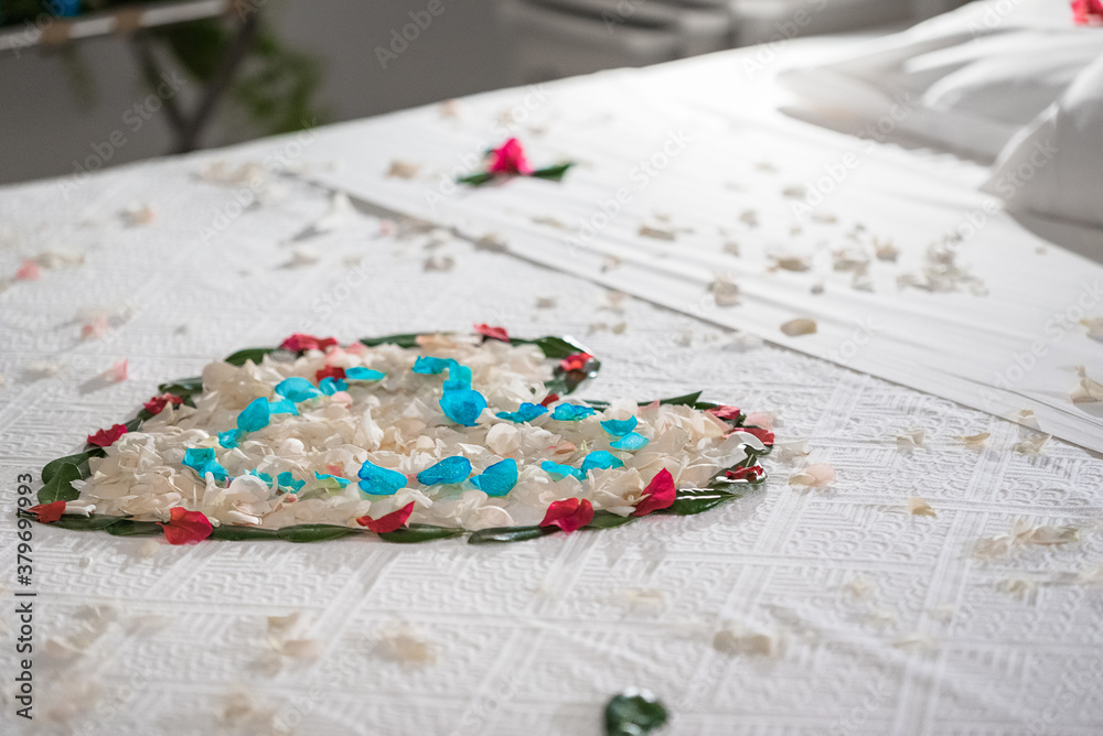 Bed decoration for the honeymooners. Wedding details. Bed decoration for the honeymooners. Wedding details.