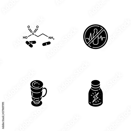 Energy drinks black glyph icons set on white space. Taurine formula. Health warning. Coffee cup. Shot for stamina boost. Frappe in glass mug. Silhouette symbols. Vector isolated illustration