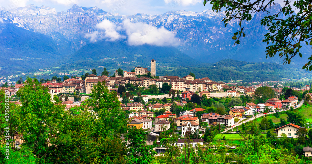 Scenic village Feltre surrounded by Dolomites Alps mountains in norther Italy, Belluno province. Italy