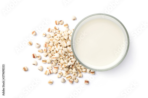 Flat lay (top view) Glass of Job's tears ( Adlay millet) cereal beverage with seeds isolated on white background photo