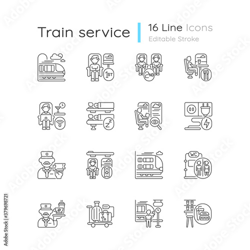 Train services linear icons set. City travel, railroad transportation customizable thin line contour symbols. Modern railway commuting. Isolated vector outline illustrations. Editable stroke