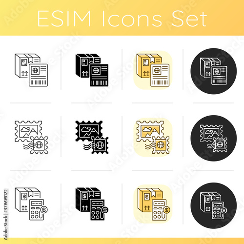 Postal services icons set. Linear, black and RGB color styles. Shipping label, postage stamps and cargo price calculation. Mail transportation business. Isolated vector illustrations