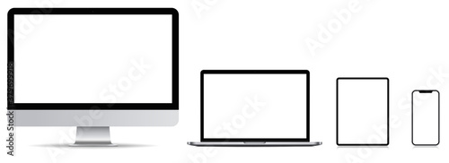 Mockup of Realistic Computer, Monitor, Laptop, Tablet and smartphone with blank screen Isolated on white background. Set of Device Mockup Separate Groups and Layers. Easily Editable Vector. Vector ill photo