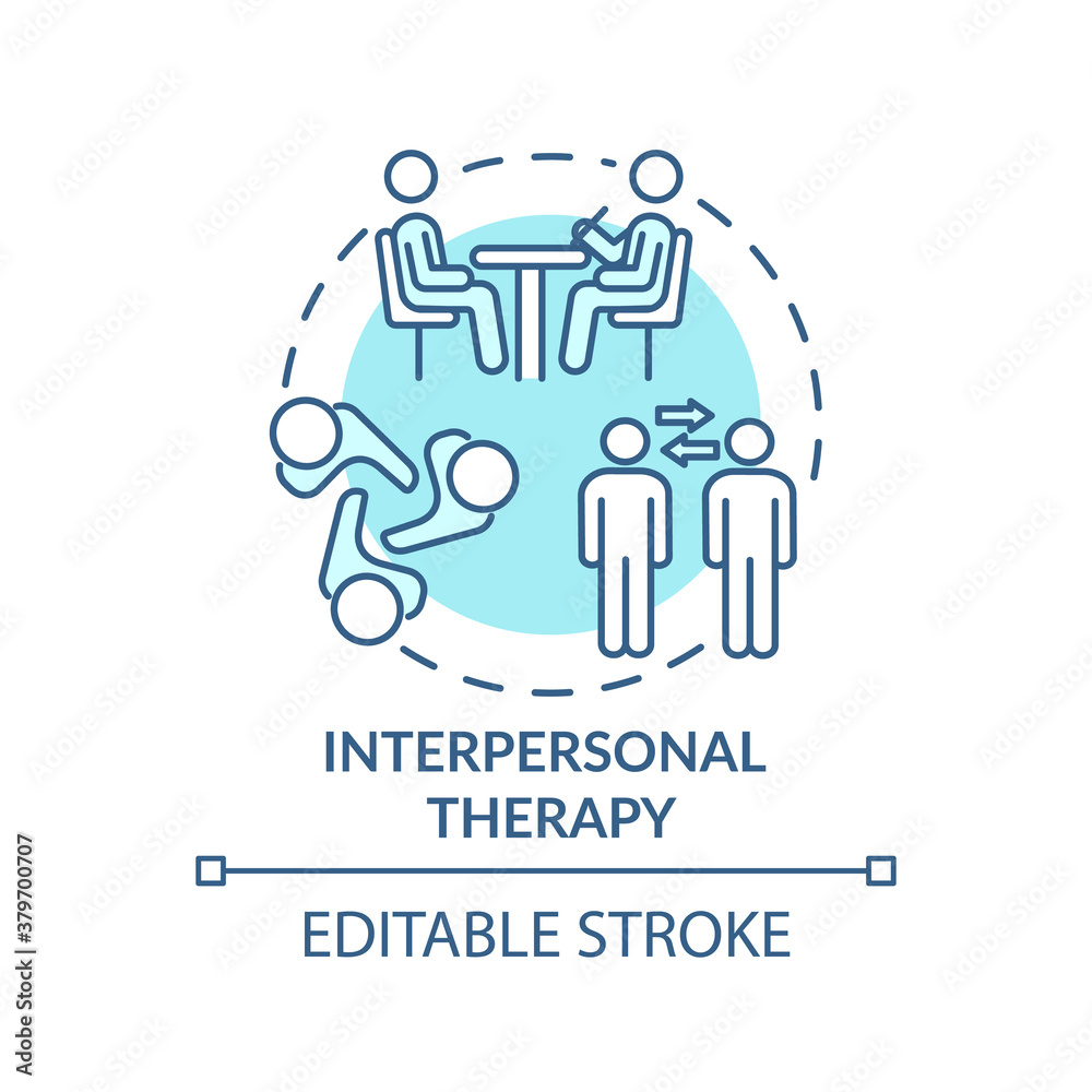 Interpersonal therapy concept icon. Psychotherapy idea thin line illustration. Treating depression method. Relationships with people. Vector isolated outline RGB color drawing. Editable stroke