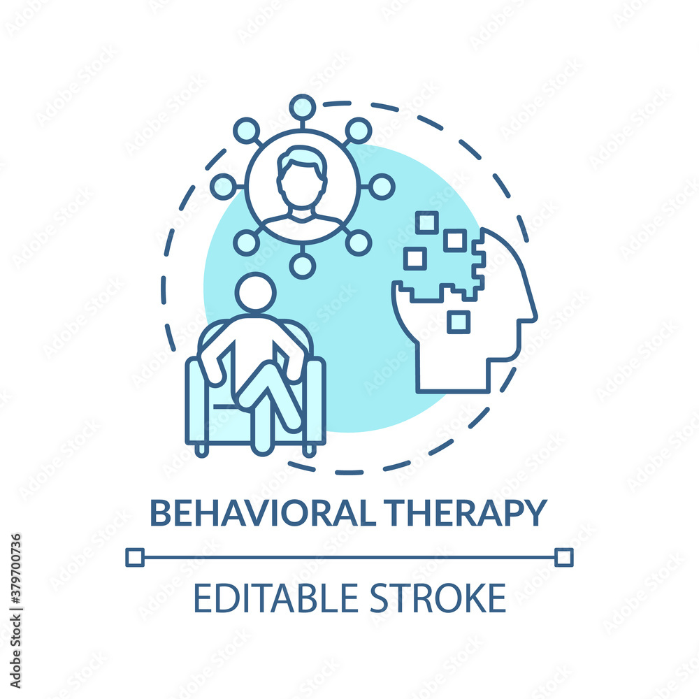 Behavioral therapy concept icon. Mental health disorders treatment idea thin line illustration. Clinical psychotherapy. Cognitive psychology. Vector isolated outline RGB color drawing. Editable stroke Behavioral therapy concept icon. Mental health disorders treatment idea thin line illustration. Clinical psychotherapy. Cognitive psychology. Vector isolated outline RGB color drawing. Editable stroke