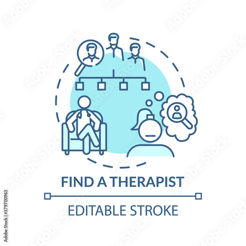 Find therapist concept icon. Search for psychologist idea thin line illustration. Mental and emotional problems treatment. Supports group. Vector isolated outline RGB color drawing. Editable stroke