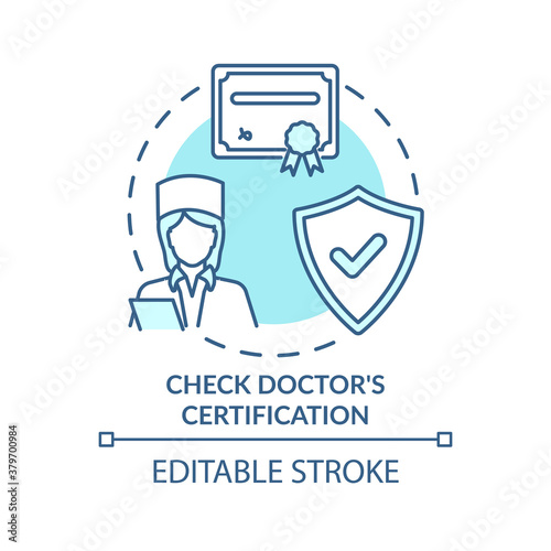 Check doctors certification concept icon. Therapist credentialing info idea thin line illustration. Board certified specialist. Vector isolated outline RGB color drawing. Editable stroke