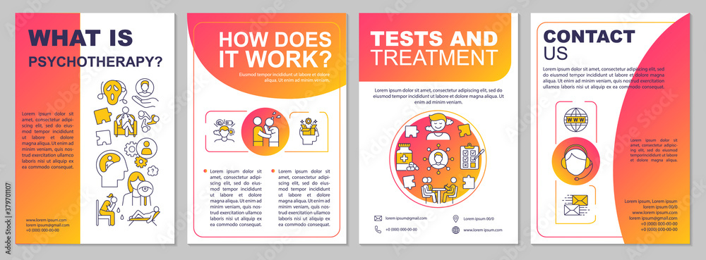 What is psychotherapy brochure template. Psychological treatment flyer, booklet, leaflet print, cover design with linear icons. Vector layouts for magazines, annual reports, advertising posters
