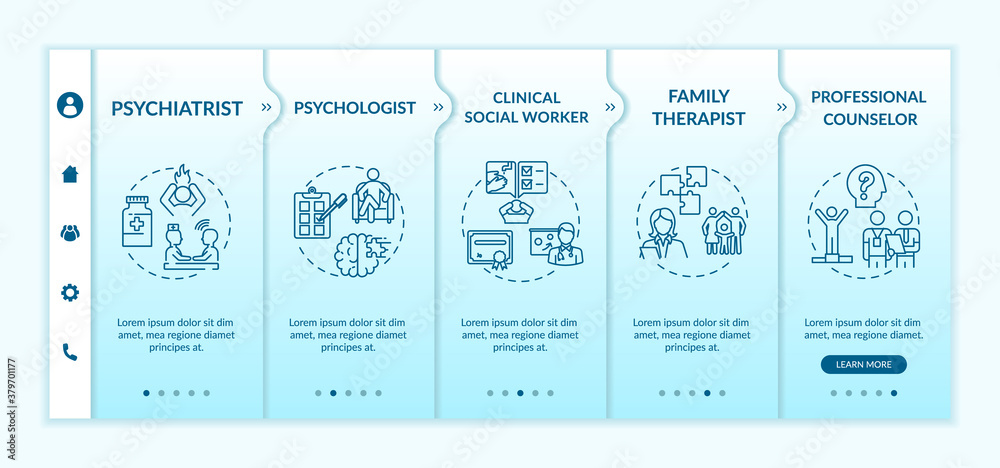 Psychotherapy jobs onboarding vector template. Social worker, psychologist, professional counselor. Responsive mobile website with icons. Webpage walkthrough step screens. RGB color concept