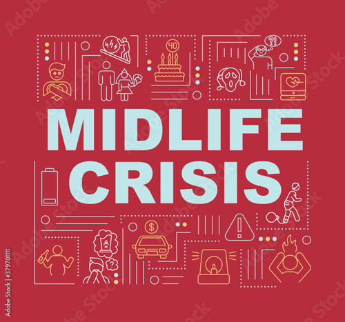 Midlife crisis word concepts banner. Common mental conditions, emotional problems treatment infographics with linear icons on red background. Isolated typography. Vector outline RGB color illustration