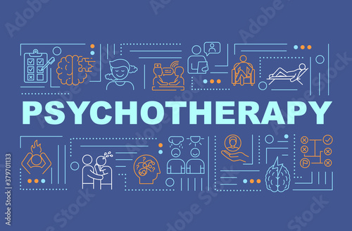 Psychotherapy word concepts banner. Professional psychological testing and treatment infographics with linear icons on blue background. Isolated typography. Vector outline RGB color illustration