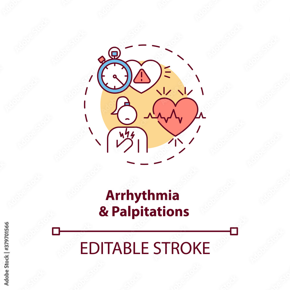 Arrhythmia and palpitations concept icon. Energy drinks side effect idea thin line illustration. Irregular heartbeat. Caffeine high amounts. Vector isolated outline RGB color drawing. Editable stroke Arrhythmia and palpitations concept icon. Energy drinks side effect idea thin line illustration. Irregular heartbeat. Caffeine high amounts. Vector isolated outline RGB color drawing. Editable stroke