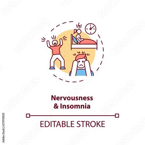 Nervousness and insomnia concept icon. Nervous exhaustion idea thin line illustration. Sleeplessness. Restlessness. Stress and anxiety. Vector isolated outline RGB color drawing. Editable stroke