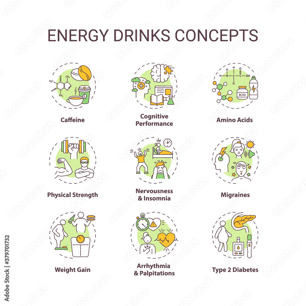 Energy drinks concept icons set. Health effects idea thin line RGB color illustrations. Caffeine. Cognition. Amino acids. Physical strength. Vector isolated outline drawings. Editable stroke