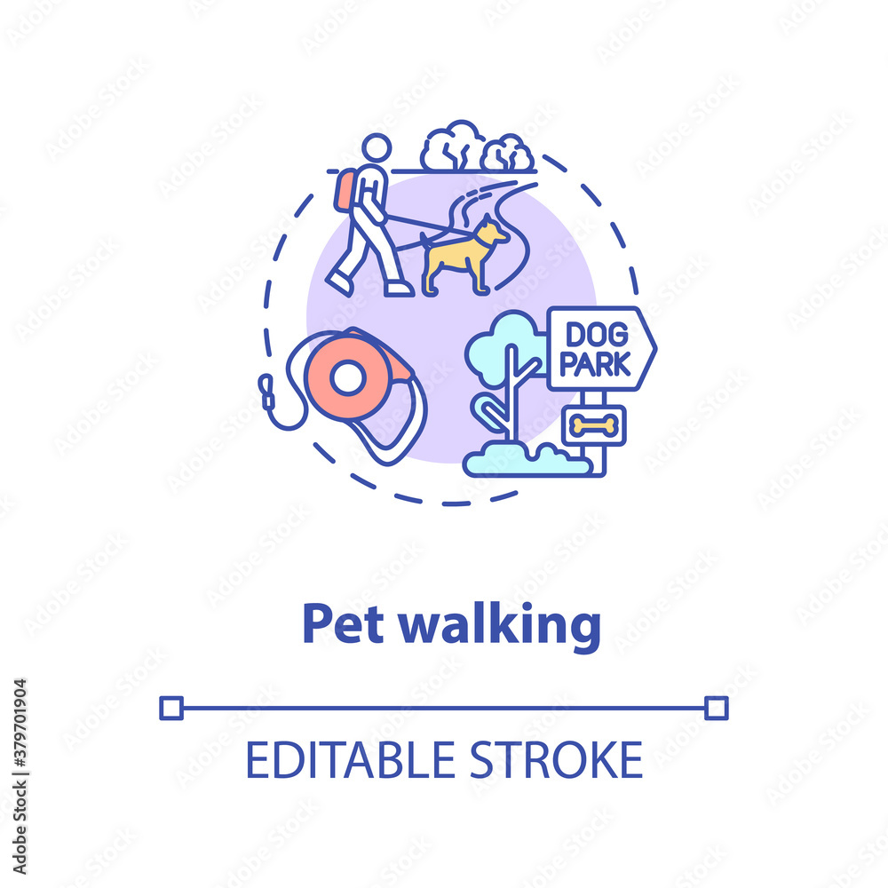 Pet walking concept icon. Pet services. Animal best activity types. Little friends fun time. Games idea thin line illustration. Vector isolated outline RGB color drawing. Editable stroke