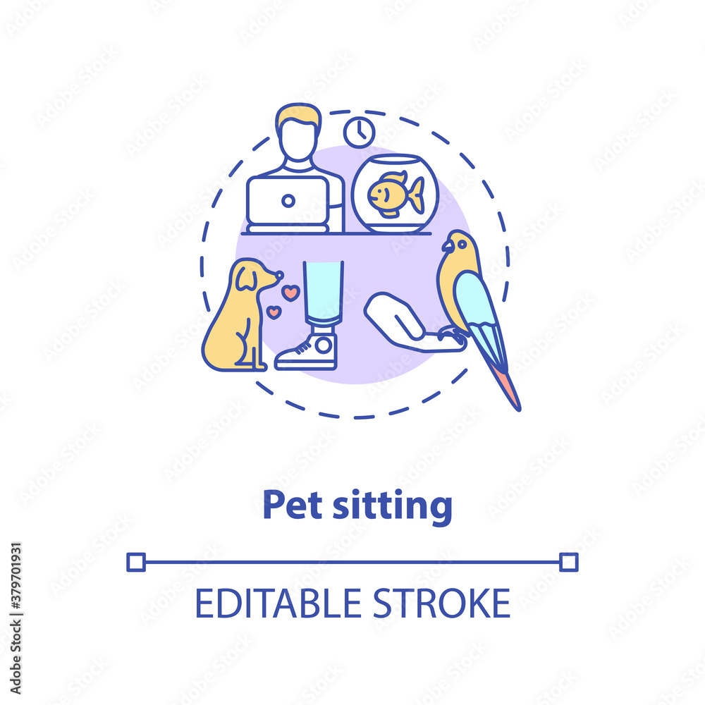 Pet sitting concept icon. Pet services. Animal care options types. Little friend playing games. Animal sitter idea thin line illustration. Vector isolated outline RGB color drawing. Editable stroke