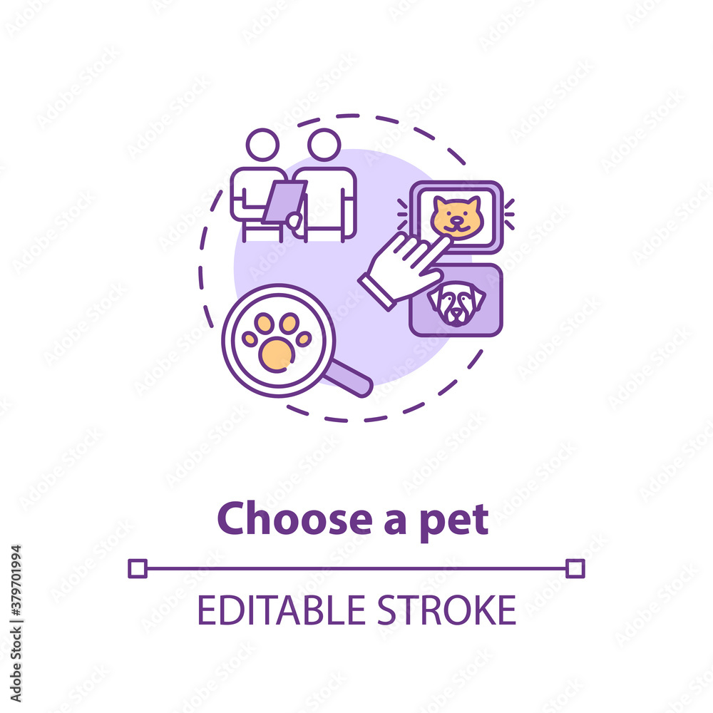 Choose a pet concept icon. Grooming salon services app. Modern animals helping adoption center idea thin line illustration. Vector isolated outline RGB color drawing. Editable stroke