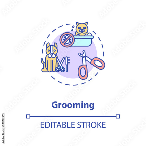 Grooming concept icon. Pet services. Animal health care salon. Little friends health. Vetirenary idea thin line illustration. Vector isolated outline RGB color drawing. Editable stroke