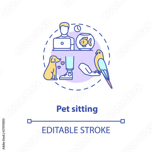 Pet sitting concept icon. Pet services. Animal care options types. Little friend playing games. Animal sitter idea thin line illustration. Vector isolated outline RGB color drawing. Editable stroke