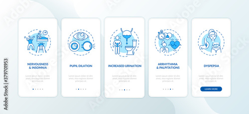Excessive caffeine intake onboarding mobile app page screen with concepts. Nervousness, pupil dilation walkthrough 5 steps graphic instructions. UI vector template with RGB color illustrations