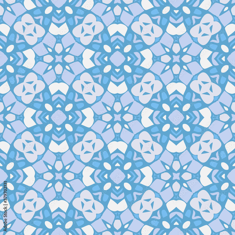 Creative color abstract geometric pattern in blue, vector seamless, can be used for printing onto fabric, interior, design, textile, carpet, rug, pillow, tiles. 