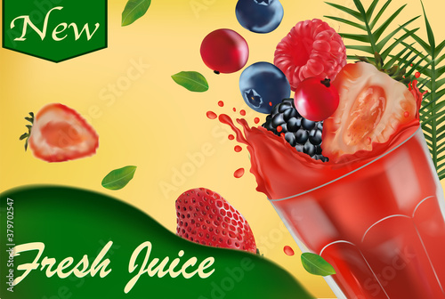 Sweet multi vitamin juice. Splash of juice on fruit. Realistic strawberry, raspberry, blueberry, black raspberry, red currant berry. Vector illustration. 